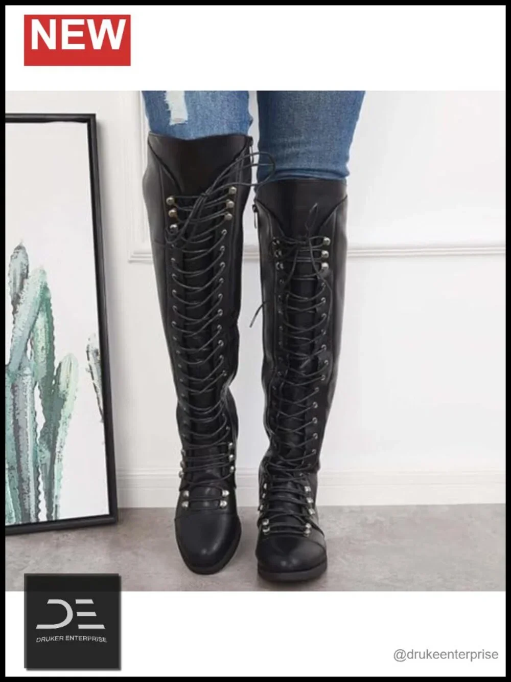 Women's Knee-High Combat Riding Boots PU Leather Lace Up Biker Motorcycle Zip